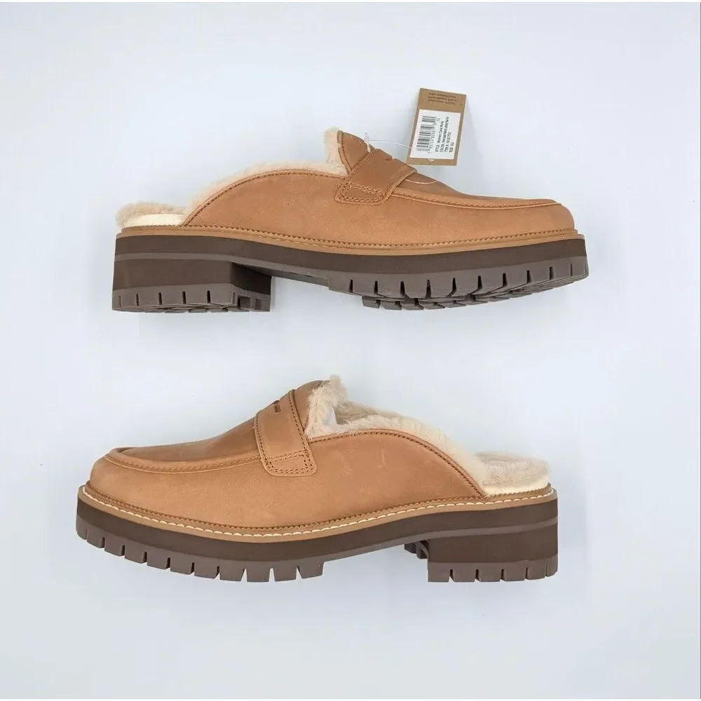 NIB TOMS Women's Cara Cozy Fur Lined Lug Sole Tan Suede Loafer Mule size 8.5